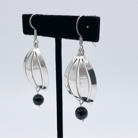 Taxco 925 Sterling Silver Modernist Black Onyx Dangle Earrings - Picture 1 of 9